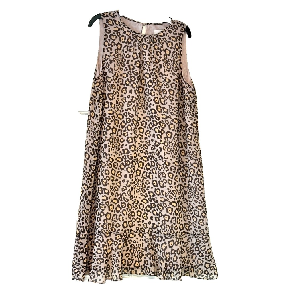 Loft Womens Leopard Print Sleeveless‎ Flounce Hem Shift Dress Brown Tan Medium